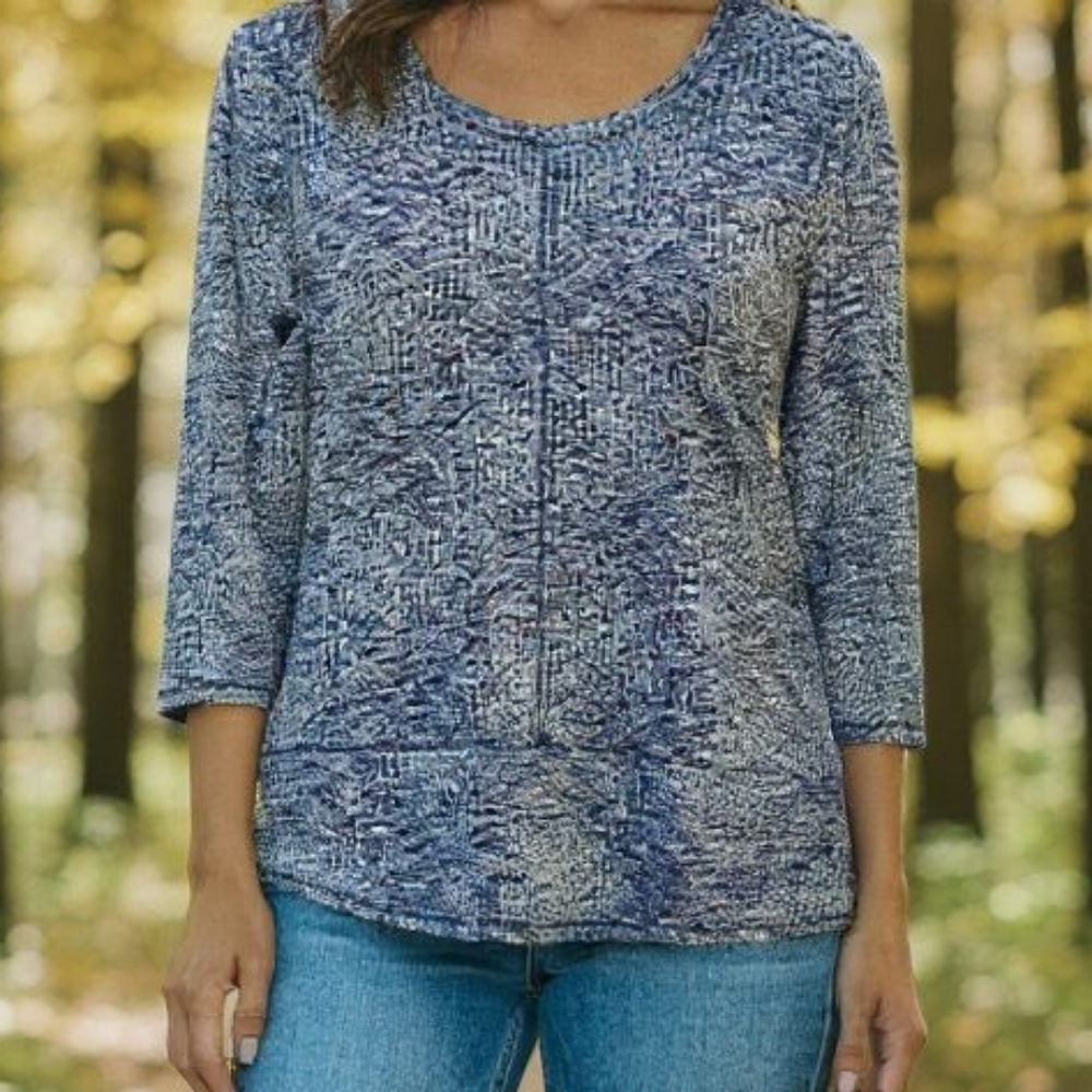 Weekends By Chico's -Blue Print 3/4 Sleeve, Round Neck  Geometric Pattern Blouse